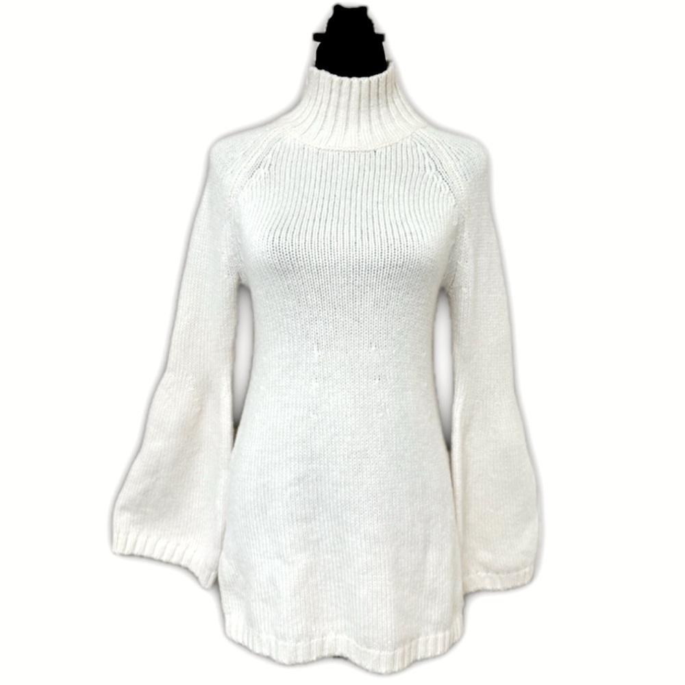 Ann Taylor bell sleeve long white cream mock neck sweater, size small S academia